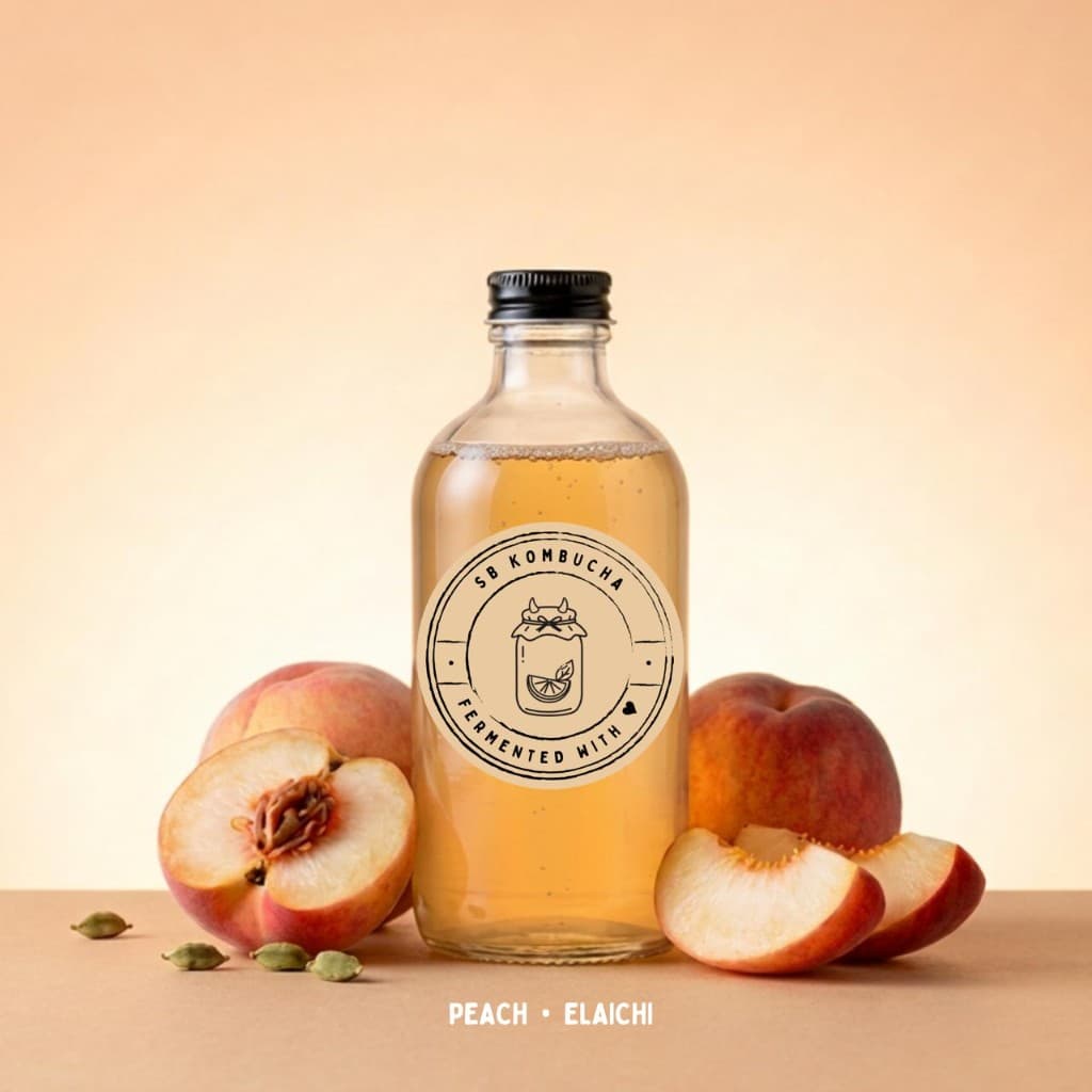 Peach Elaichi kombucha bottle
